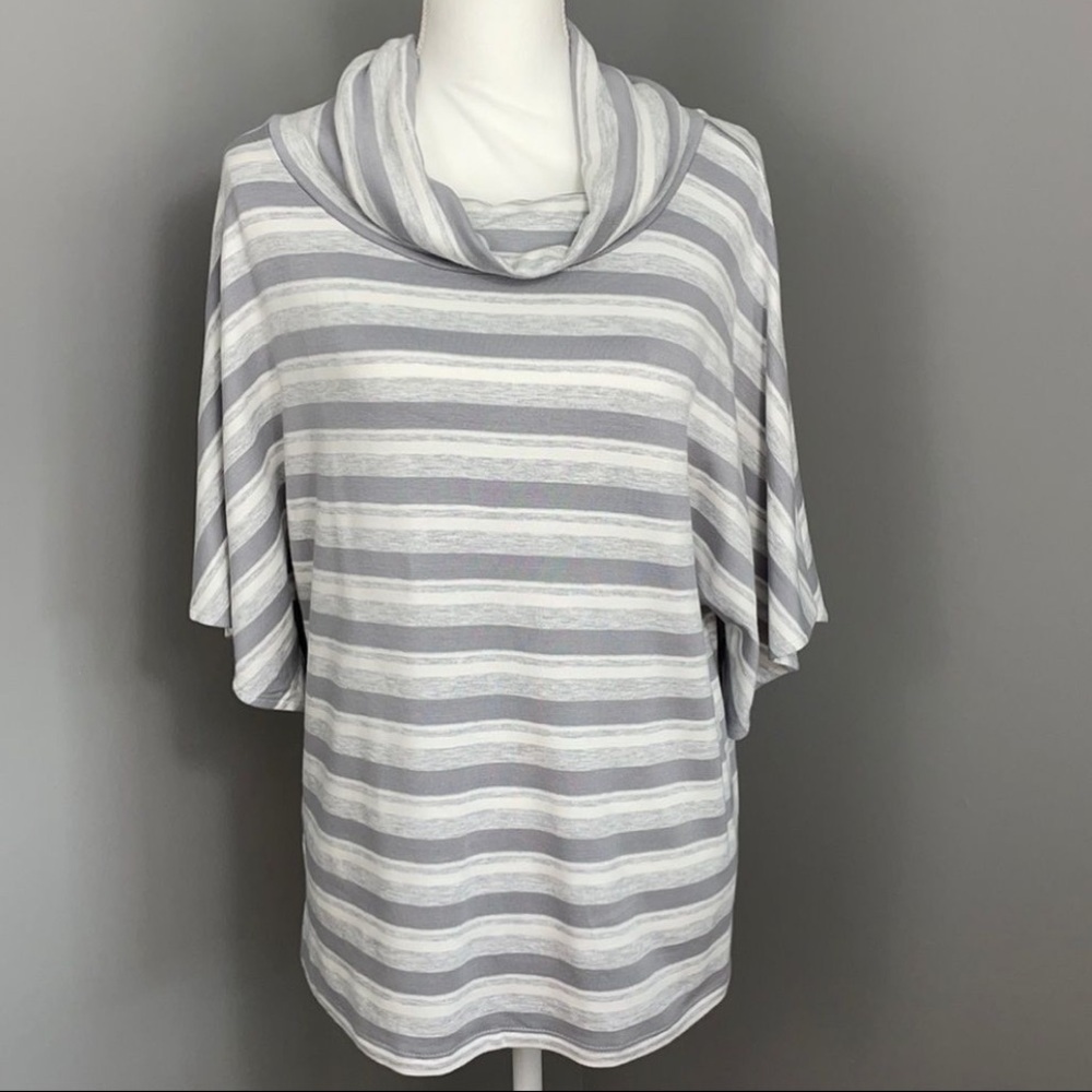Lou & Grey Cowl Neck Gray and White Striped Short Sleeve Sweater. SZ. Medium NWT